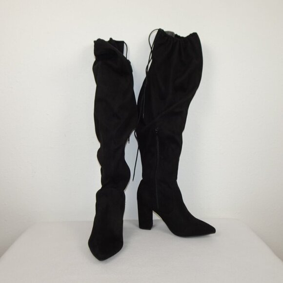 JustFab Aubriana Boots Over The Knee Heeled Suede Women's Size 8 Black Vegan - Picture 2 of 13